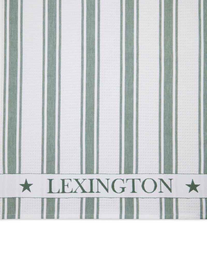 Lexington keittiöpyyhe logolla luomupuuvillaa 50*70cm, vihreä-valkoraidallinen