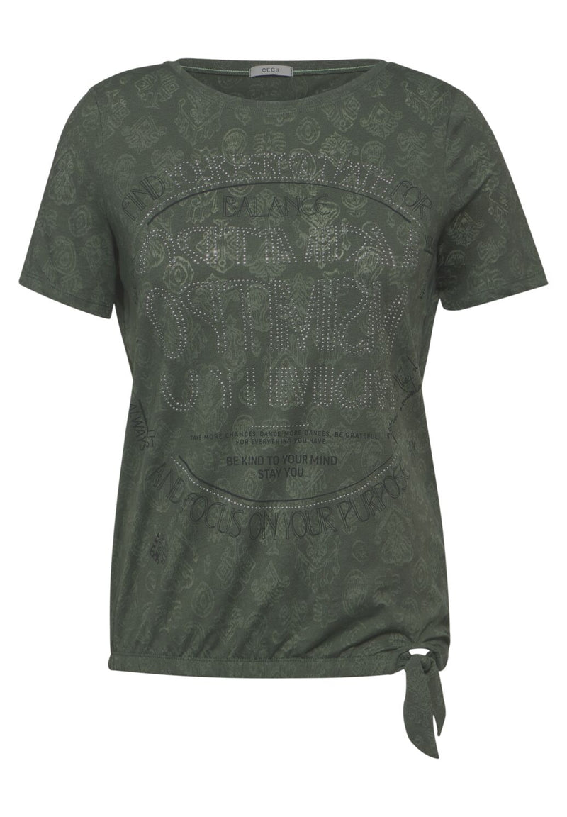 Cecil t-paita kimaltavalla kuviolla ja koristesolmulla, vihreä