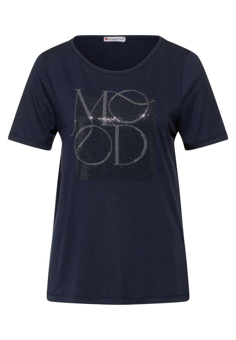 Street One T-paita kimaltavalla Mood-tekstillä, tummansininen