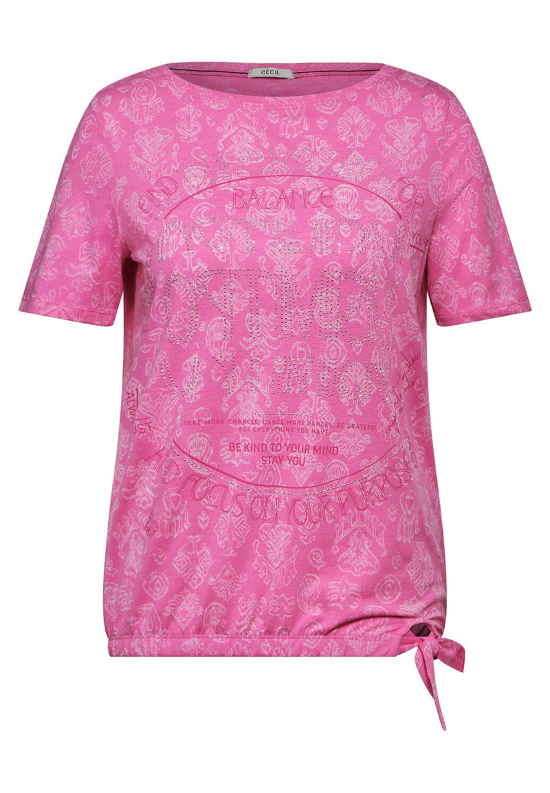 Cecil t-paita kimaltavalla kuviolla ja koristesolmulla, pinkki