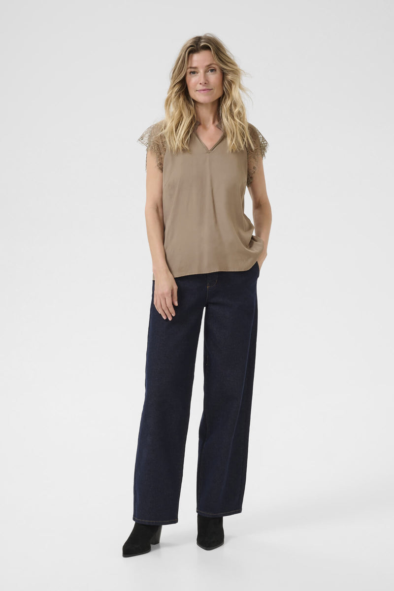 Cream CRNola T-paita pitsihihoilla, beige