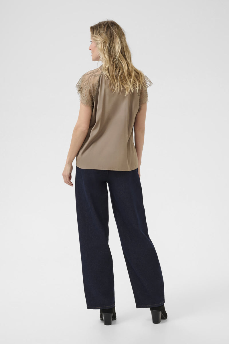 Cream CRNola T-paita pitsihihoilla, beige