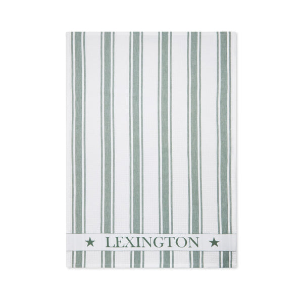 Lexington keittiöpyyhe logolla luomupuuvillaa 50*70cm, vihreä-valkoraidallinen