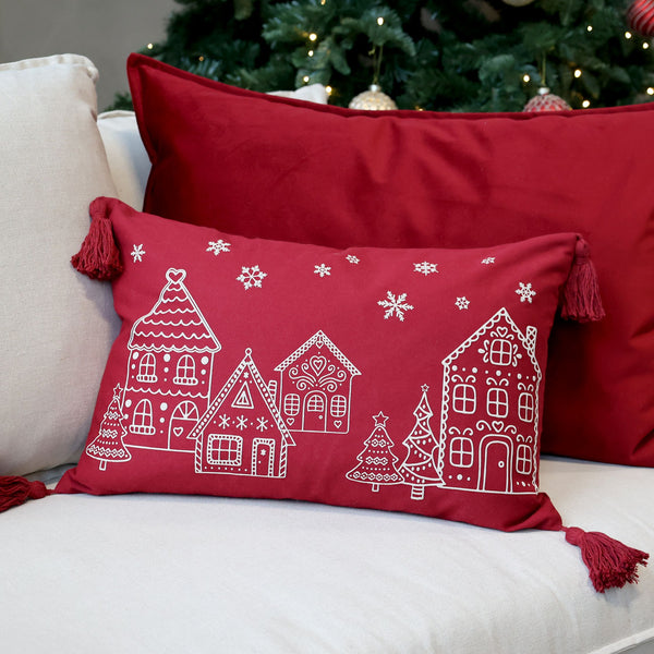 Chic Antique AIX tyynynpäällinen piparkakkutalo painatuksella 50*35cm, punainen