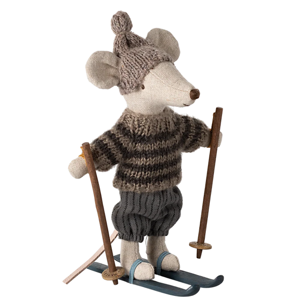 Maileg Isovelihiiri hiihtämässä, harmaa