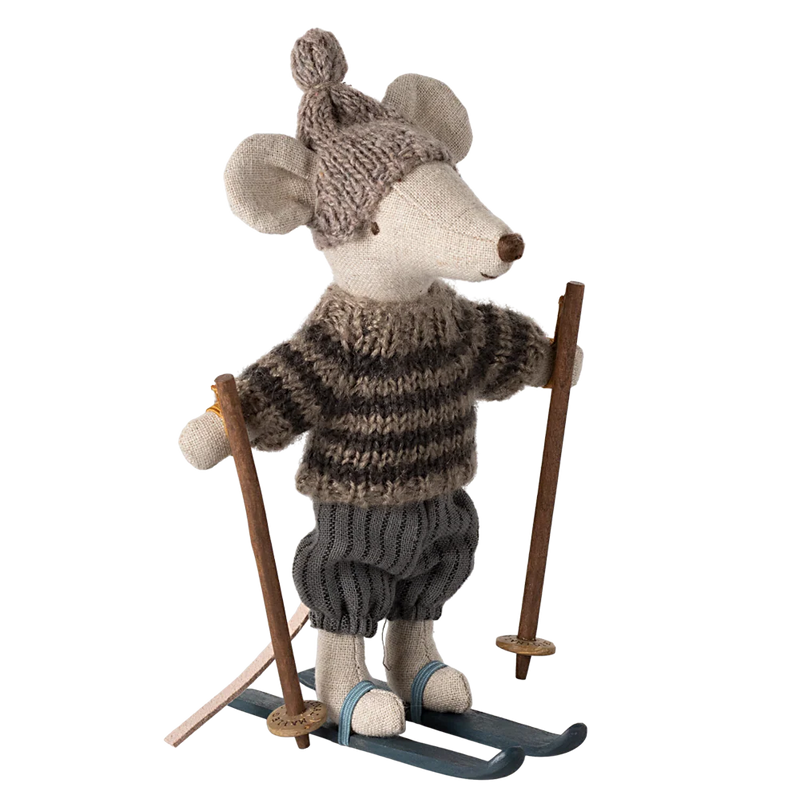 Maileg Isovelihiiri hiihtämässä, harmaa