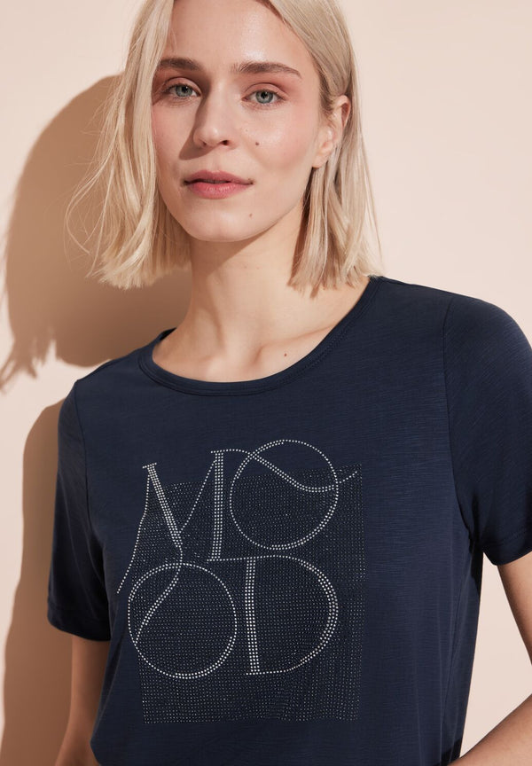Street One T-paita kimaltavalla Mood-tekstillä, tummansininen