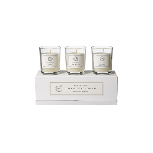 Bruka Design lahjapakkaus mini tuoksukynttilät 3kpl Cava, Prosecco ja Chablis