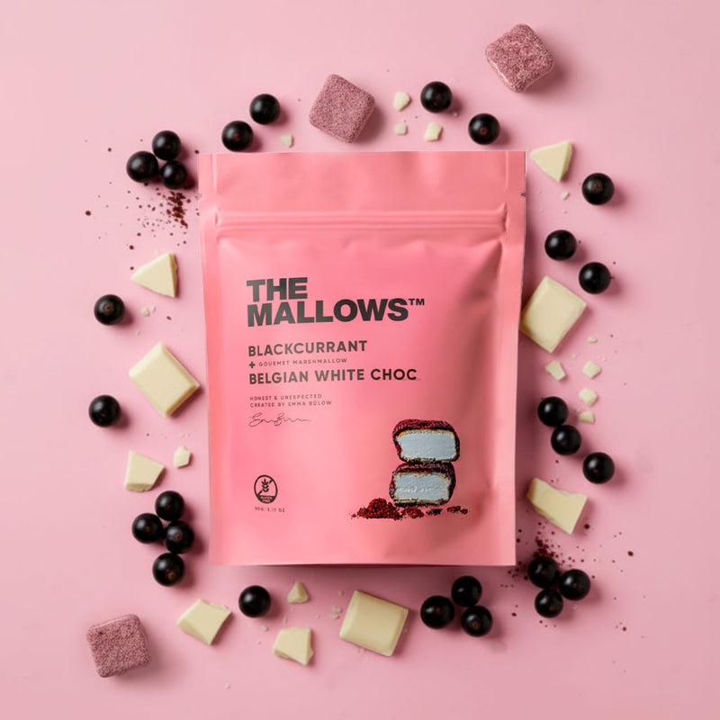 The Mallows vaahtokarkit mustaherukka & Belgialainen valkosuklaa 90g