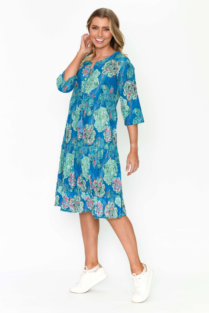 One Summer Rebecca mekko puuvillaa, sininen kukkaprintti