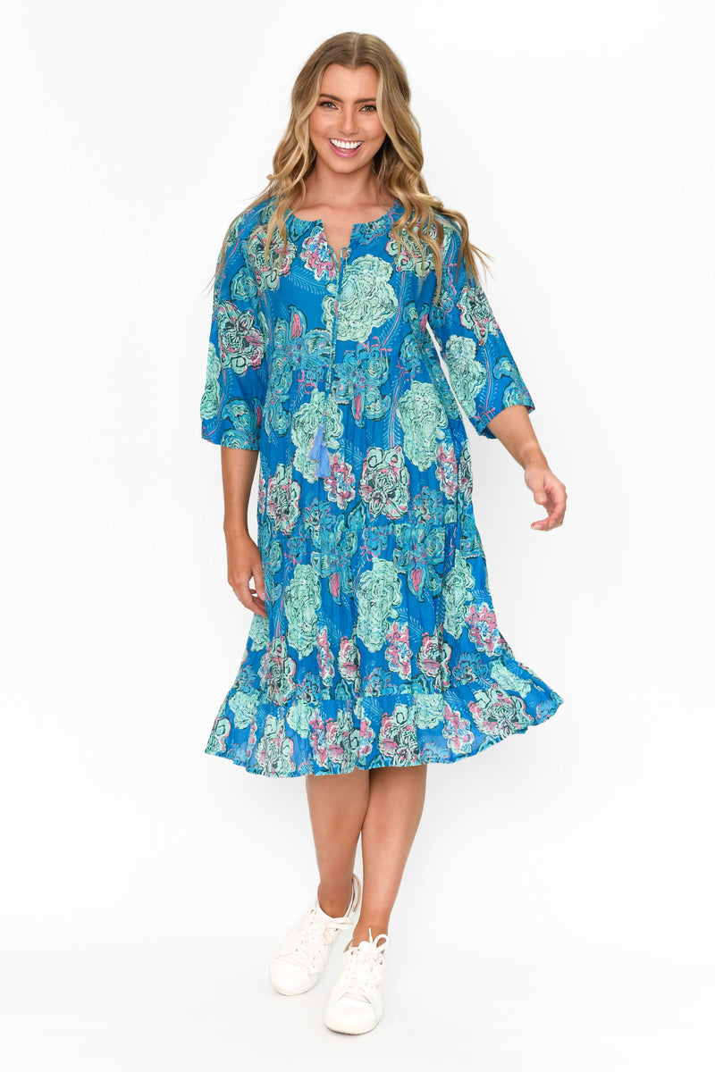 One Summer Rebecca mekko puuvillaa, sininen kukkaprintti
